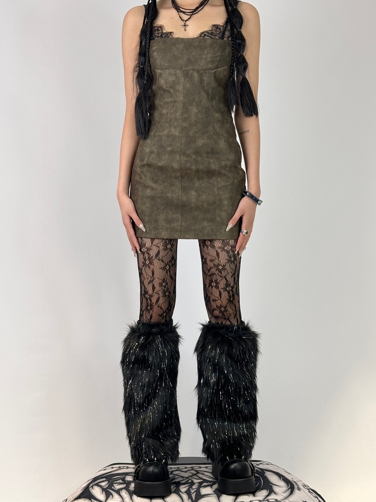 Black Glitter Faux Mink Y2K Leg Warmers