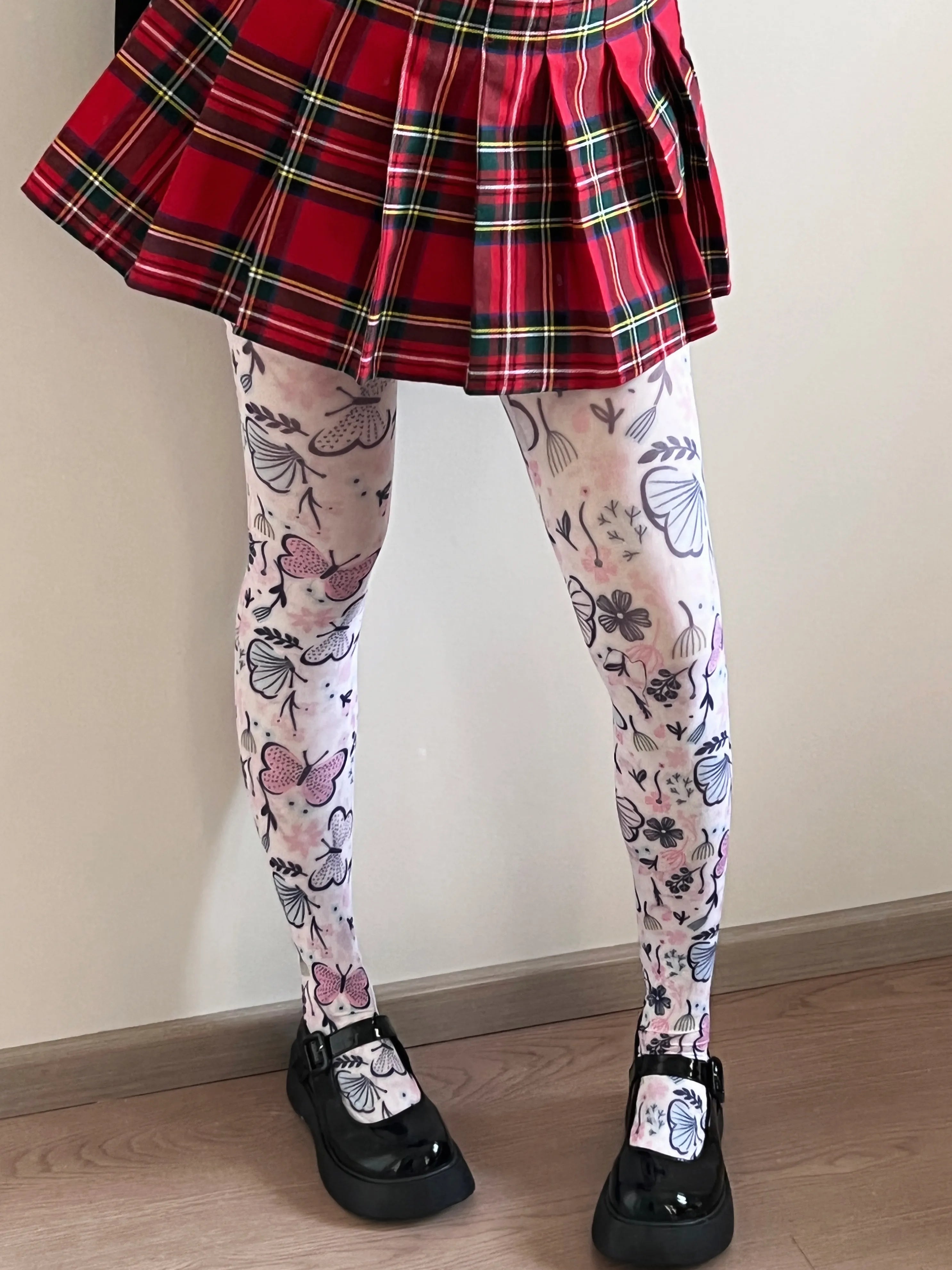 Butterfly Garden Print White Tights