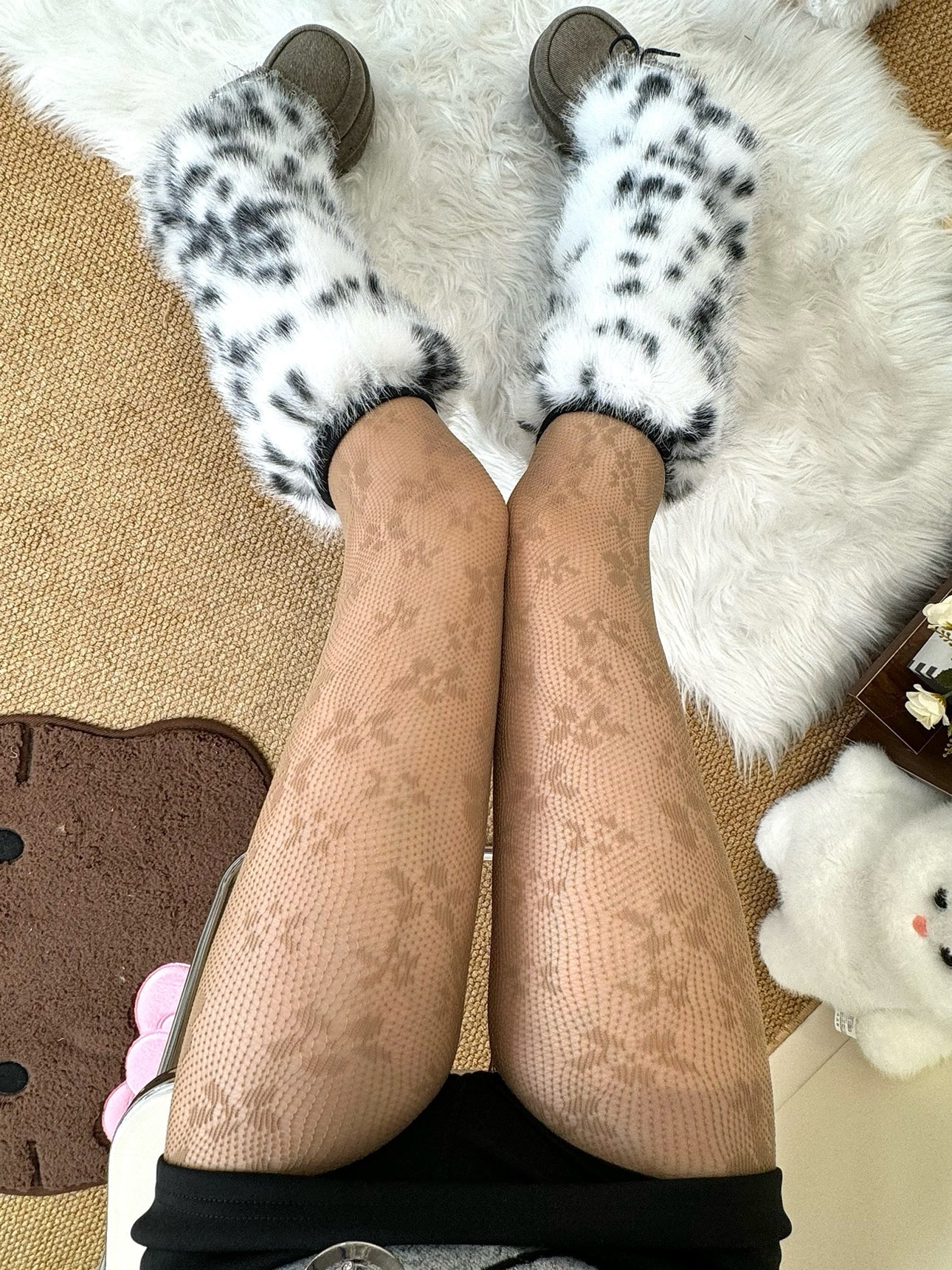 Fuzzy White Leopard Leg Warmers