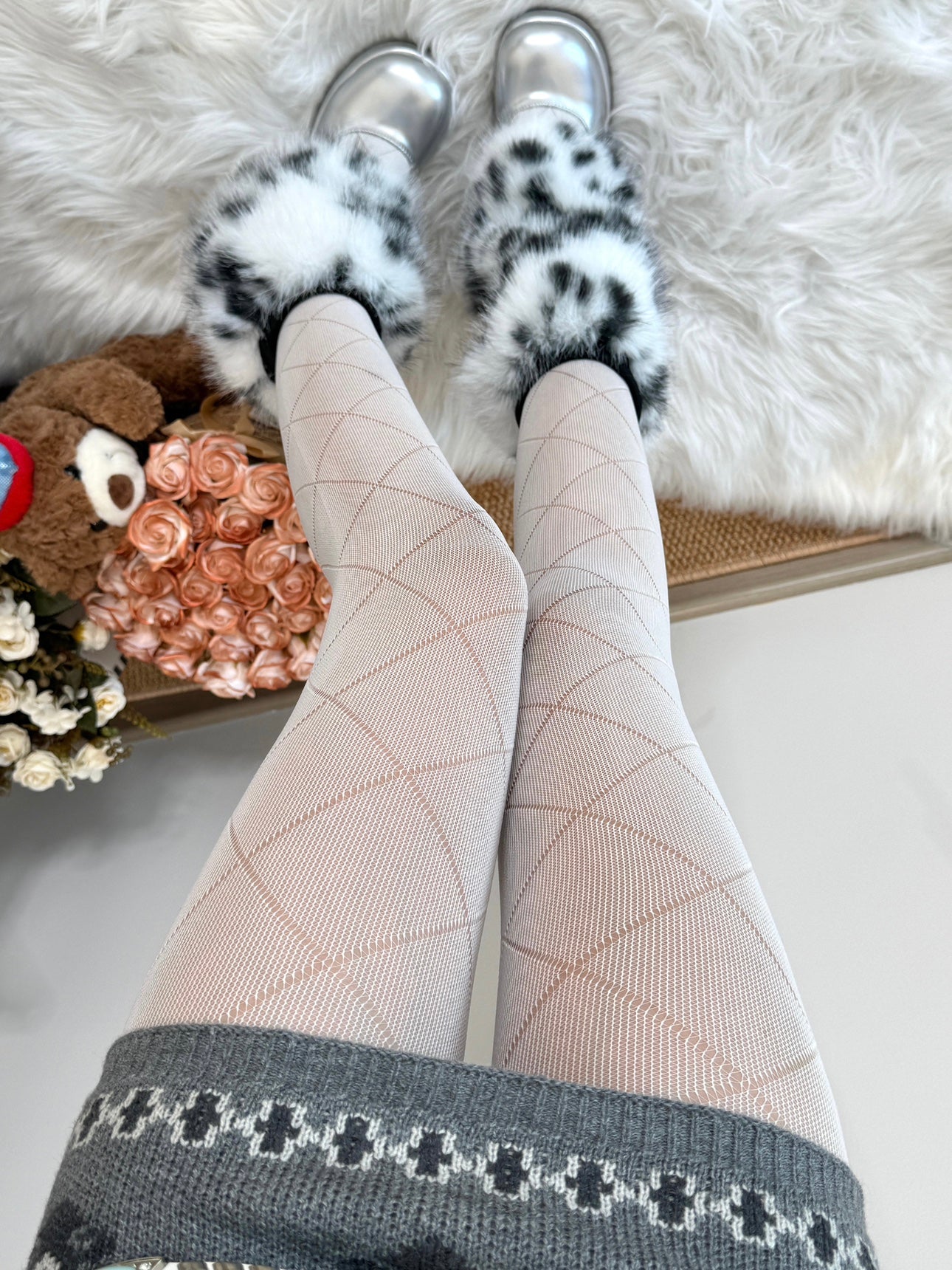 Fuzzy White Leopard Leg Warmers