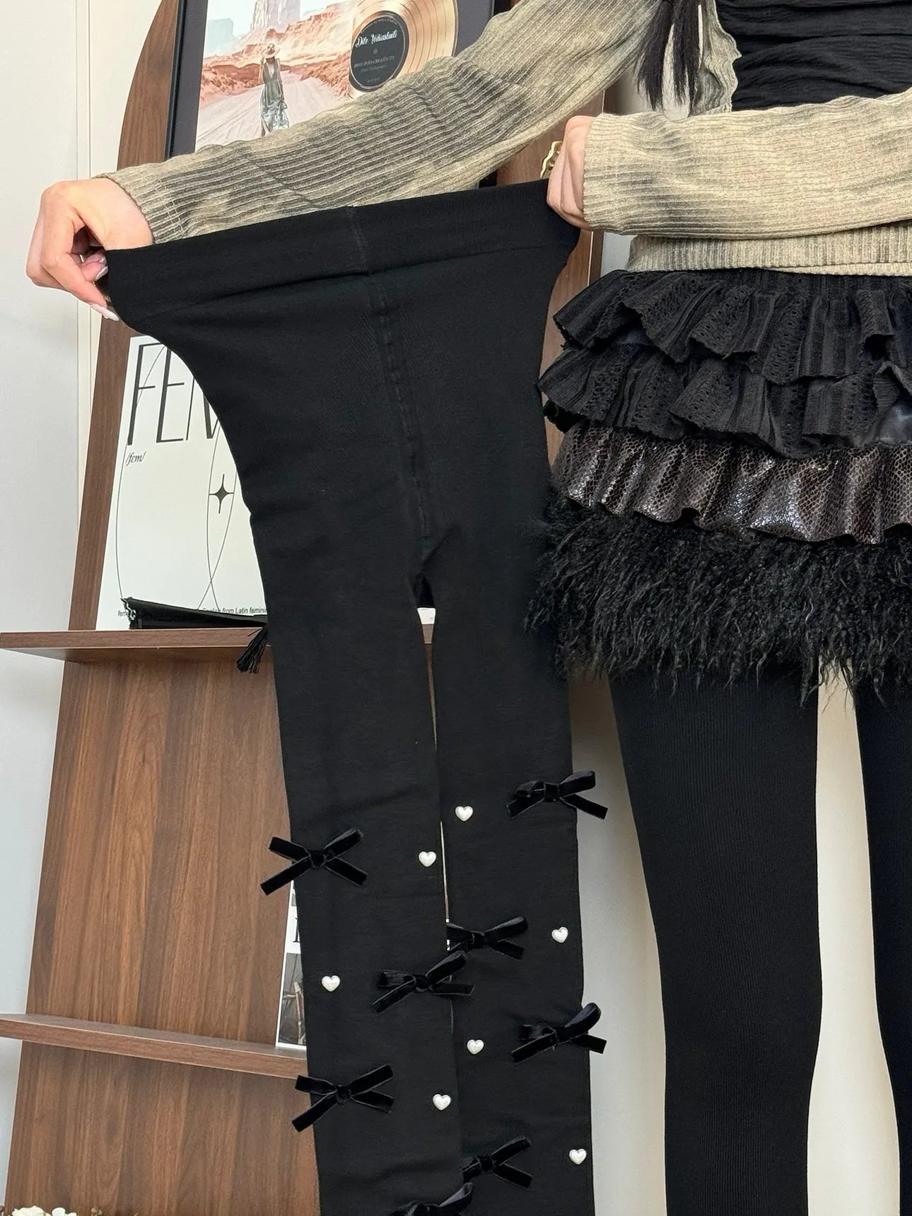 Bow Pearl Fleece Lolita Tights