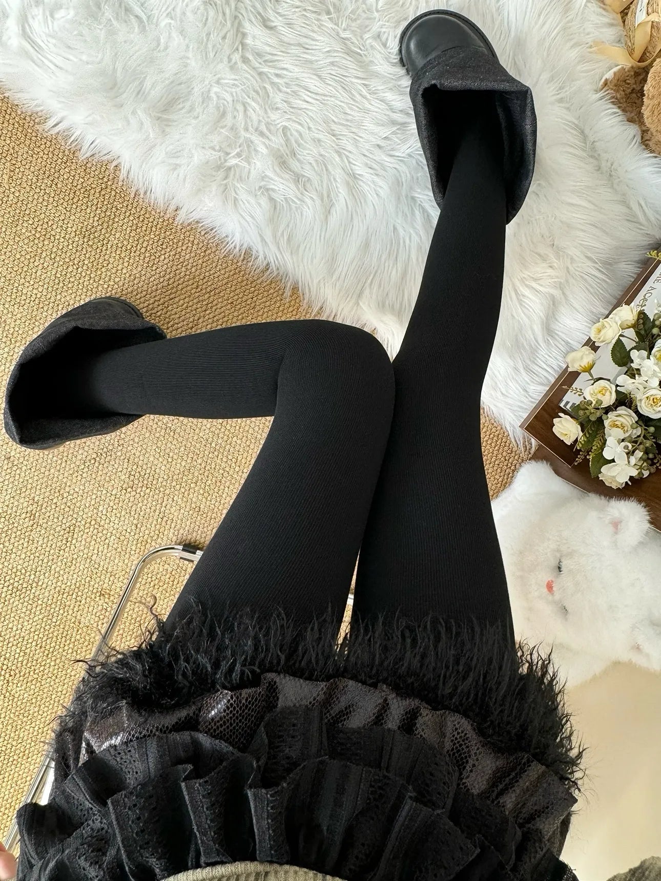 Bow Pearl Fleece Lolita Tights