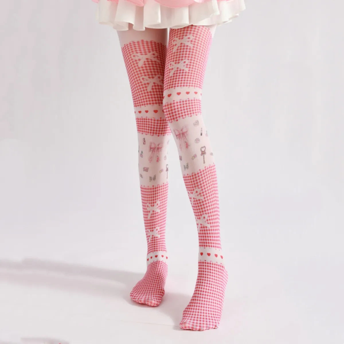 Pink Plaid Bow Anime Tights