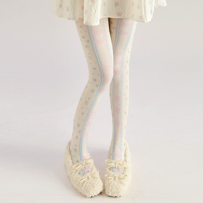 Pink Bow Lolita Print Tights