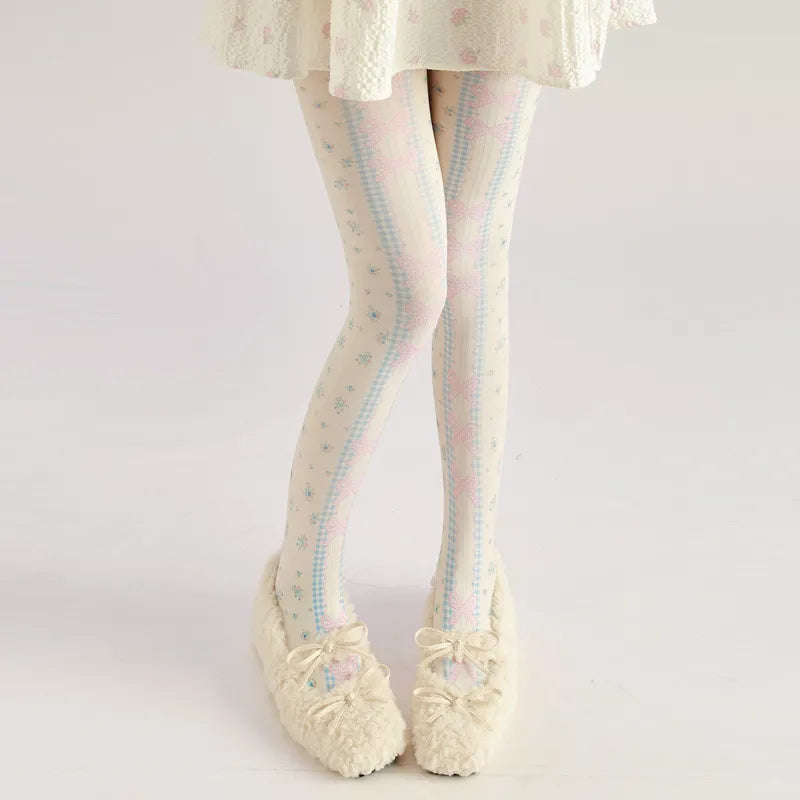 Pink Bow Lolita Print Tights