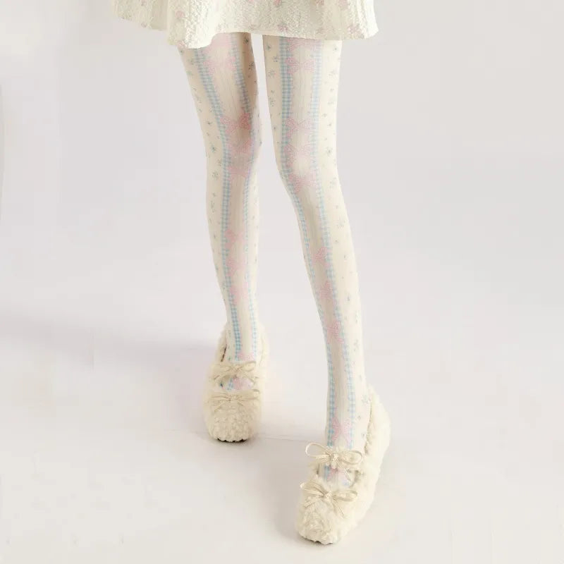 Pink Bow Lolita Print Tights