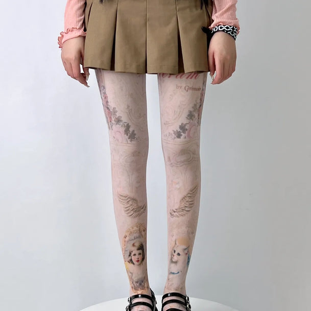 Cat & Girl Print Cartoon Tights