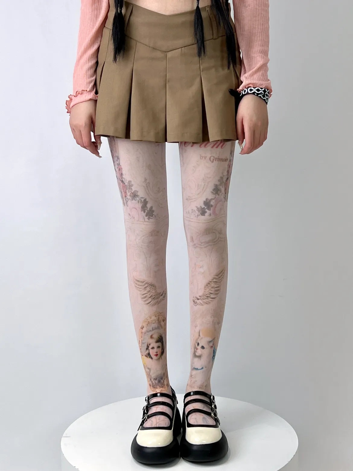 Cat & Girl Print Cartoon Tights