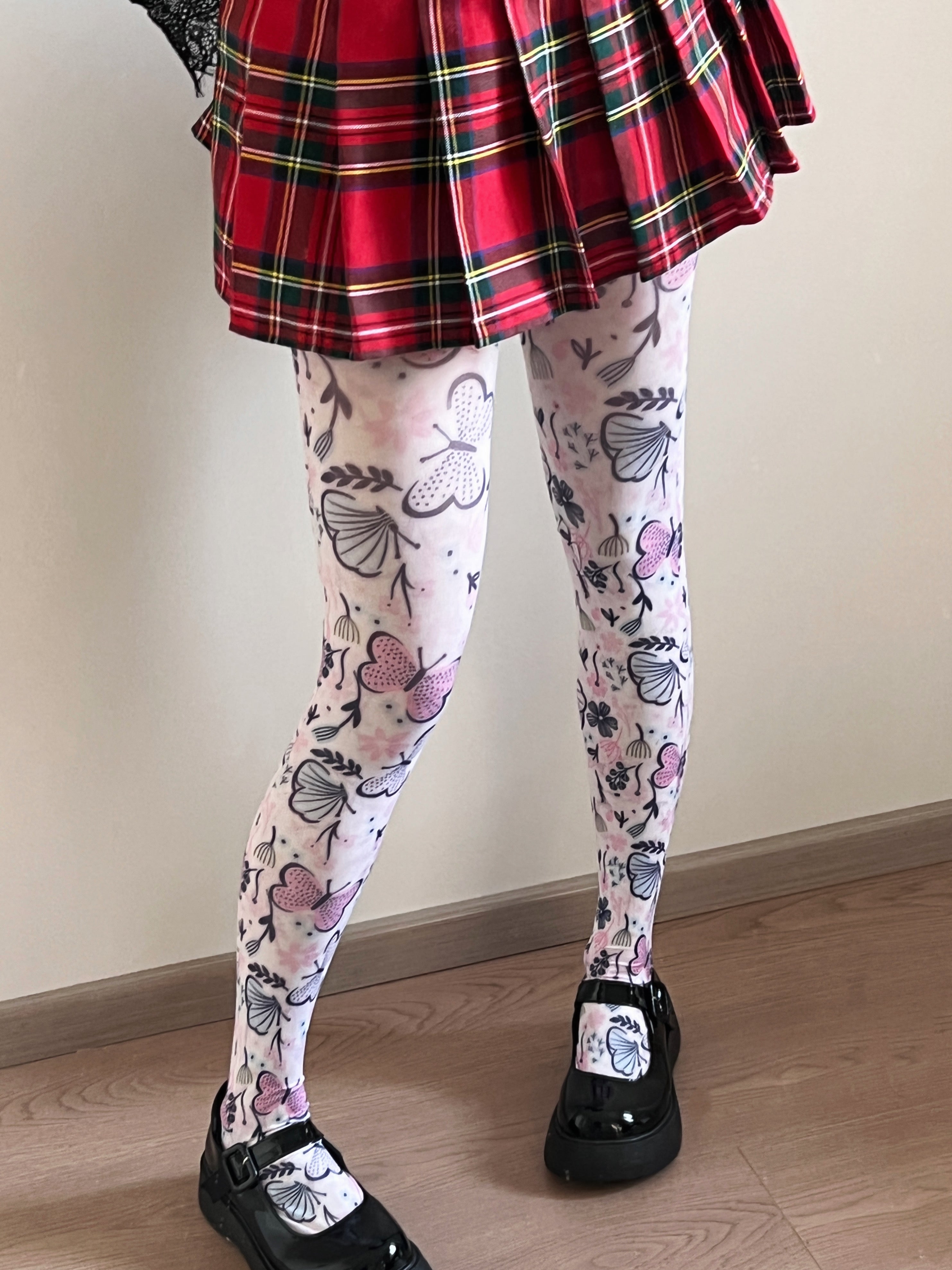 Butterfly Garden Print White Tights
