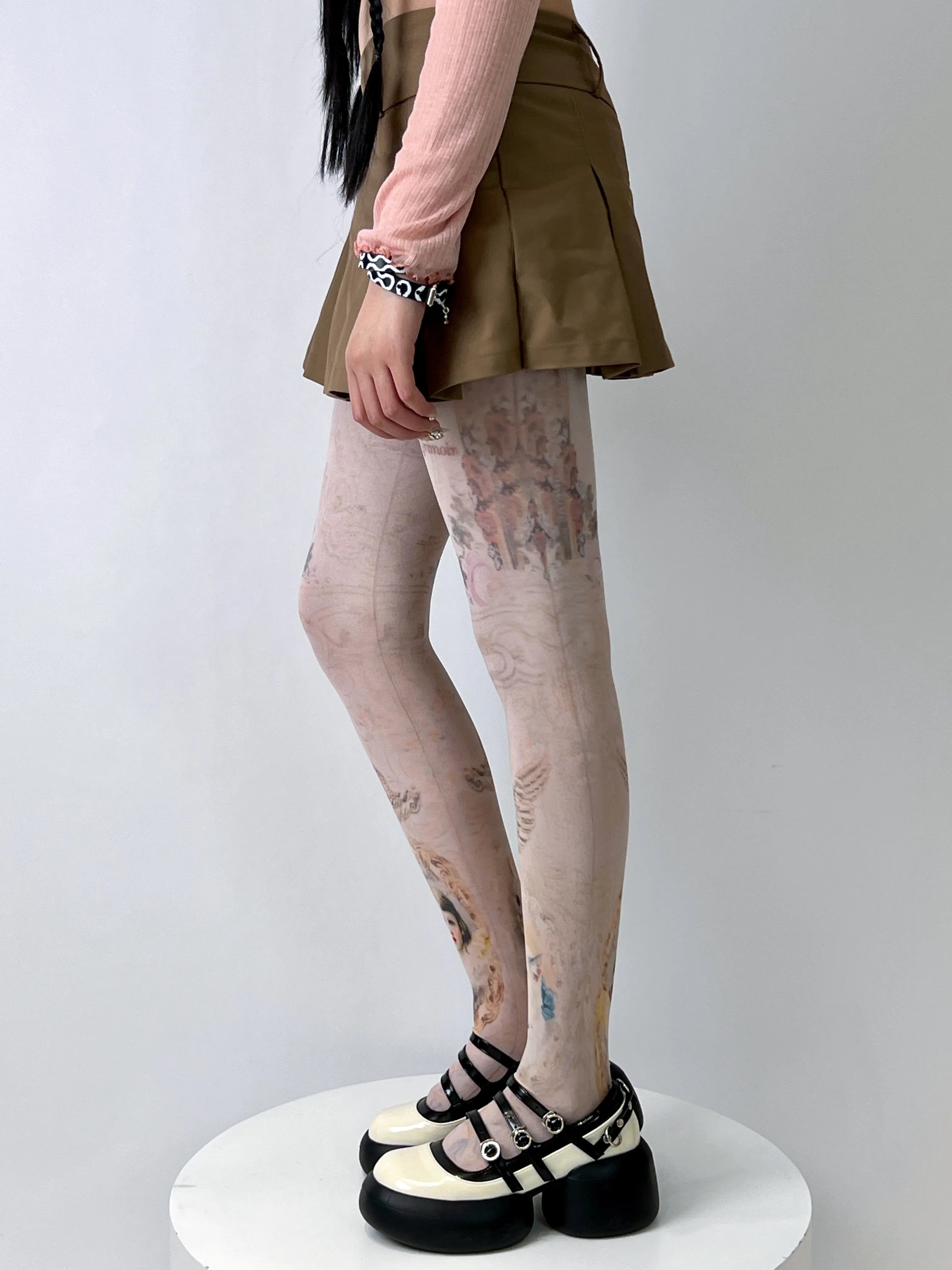 Cat & Girl Print Cartoon Tights