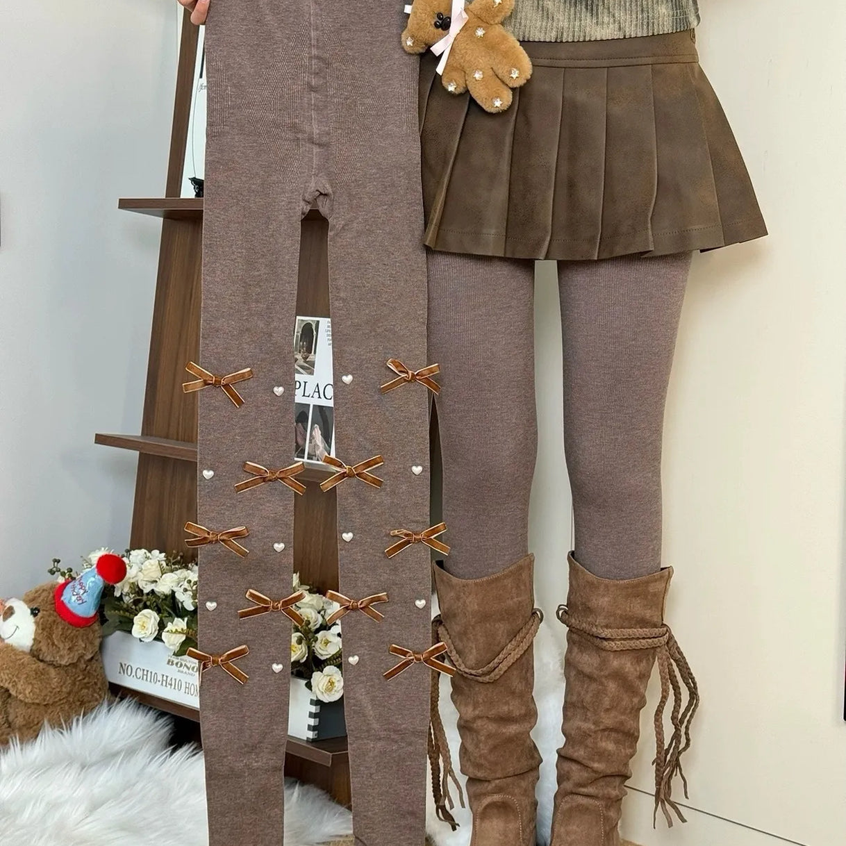 Cute Pearl Bow Fleece Tights