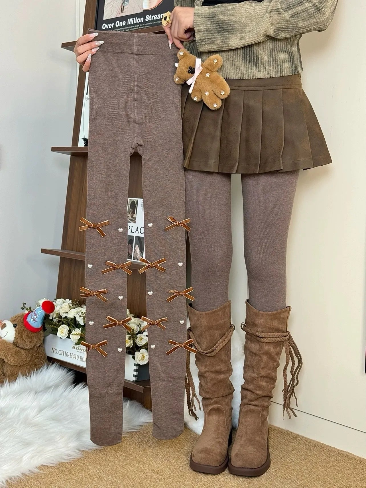 Cute Pearl Bow Fleece Tights