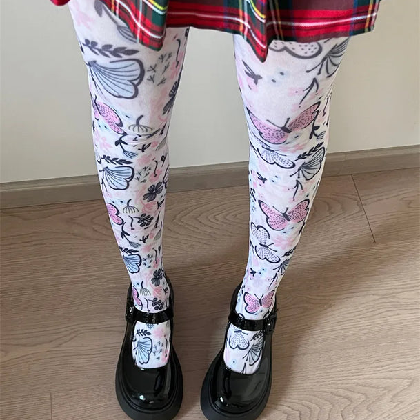 Butterfly Garden Print White Tights