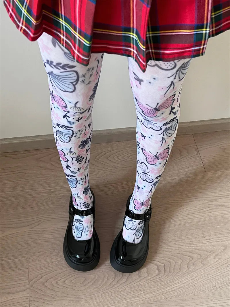 Butterfly Garden Print White Tights