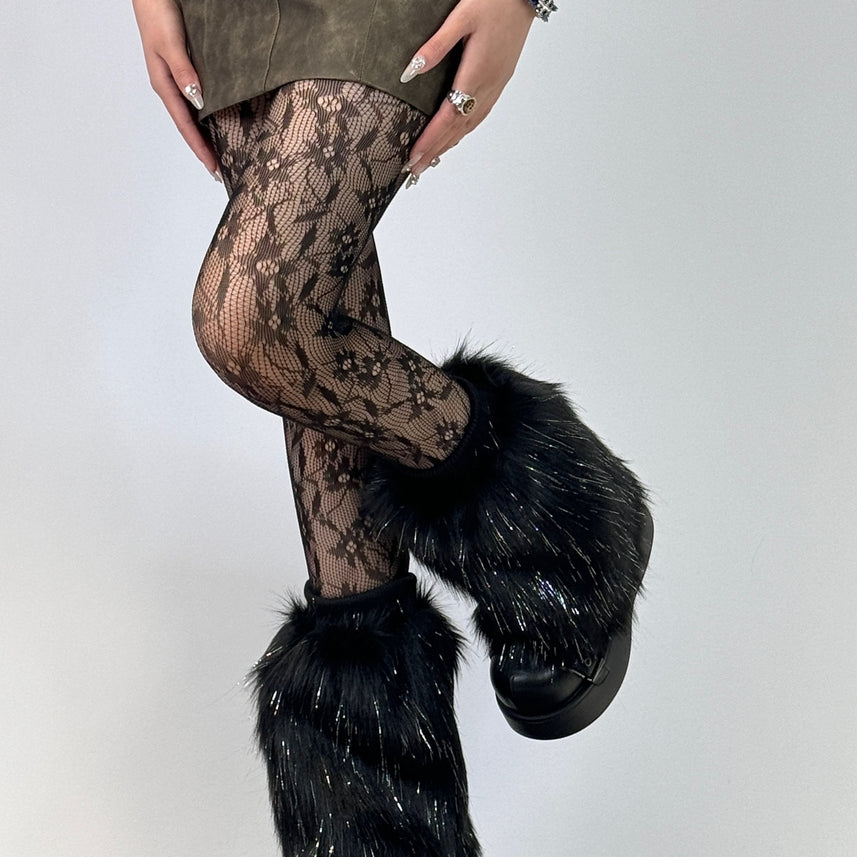 Black Glitter Faux Mink Y2K Leg Warmers