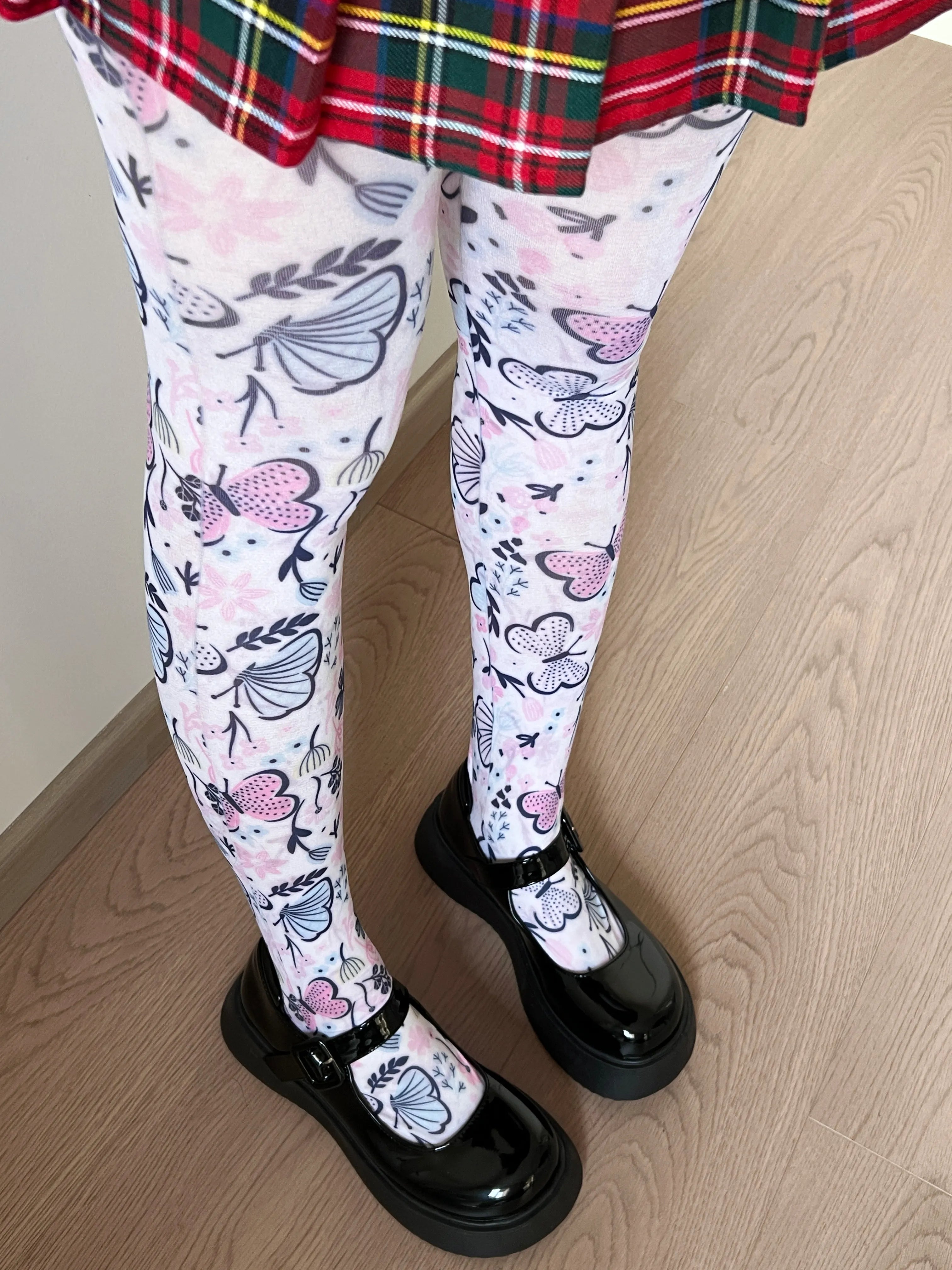 Butterfly Garden Print White Tights