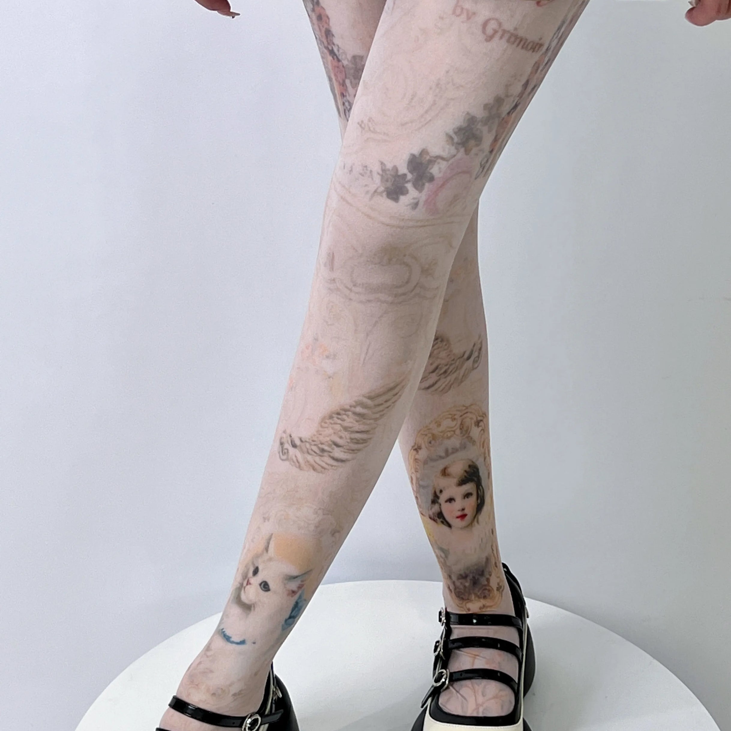 Cat & Girl Print Cartoon Tights