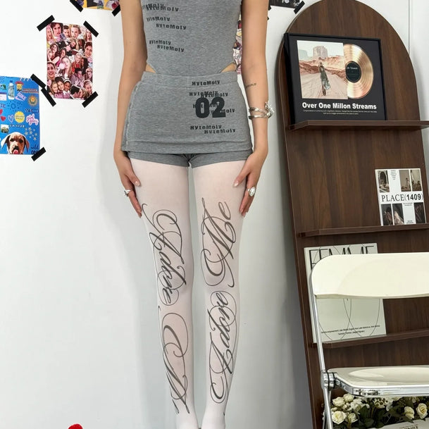 Retro White English Print Tights