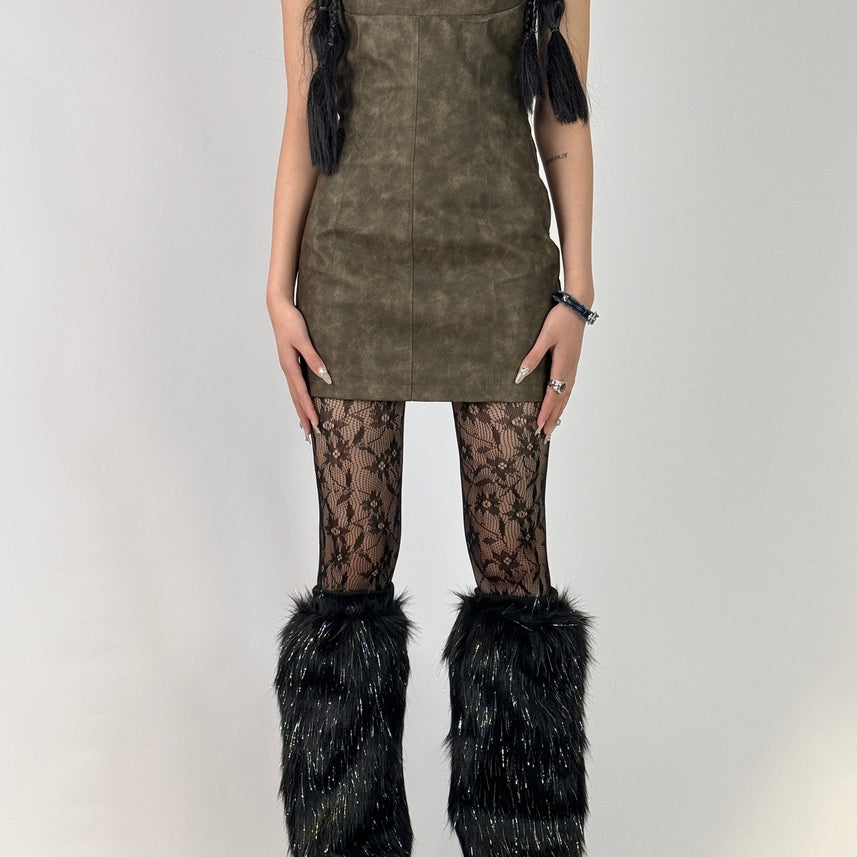 Black Glitter Faux Mink Y2K Leg Warmers