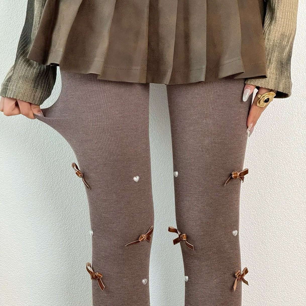 Cute Pearl Bow Fleece Tights