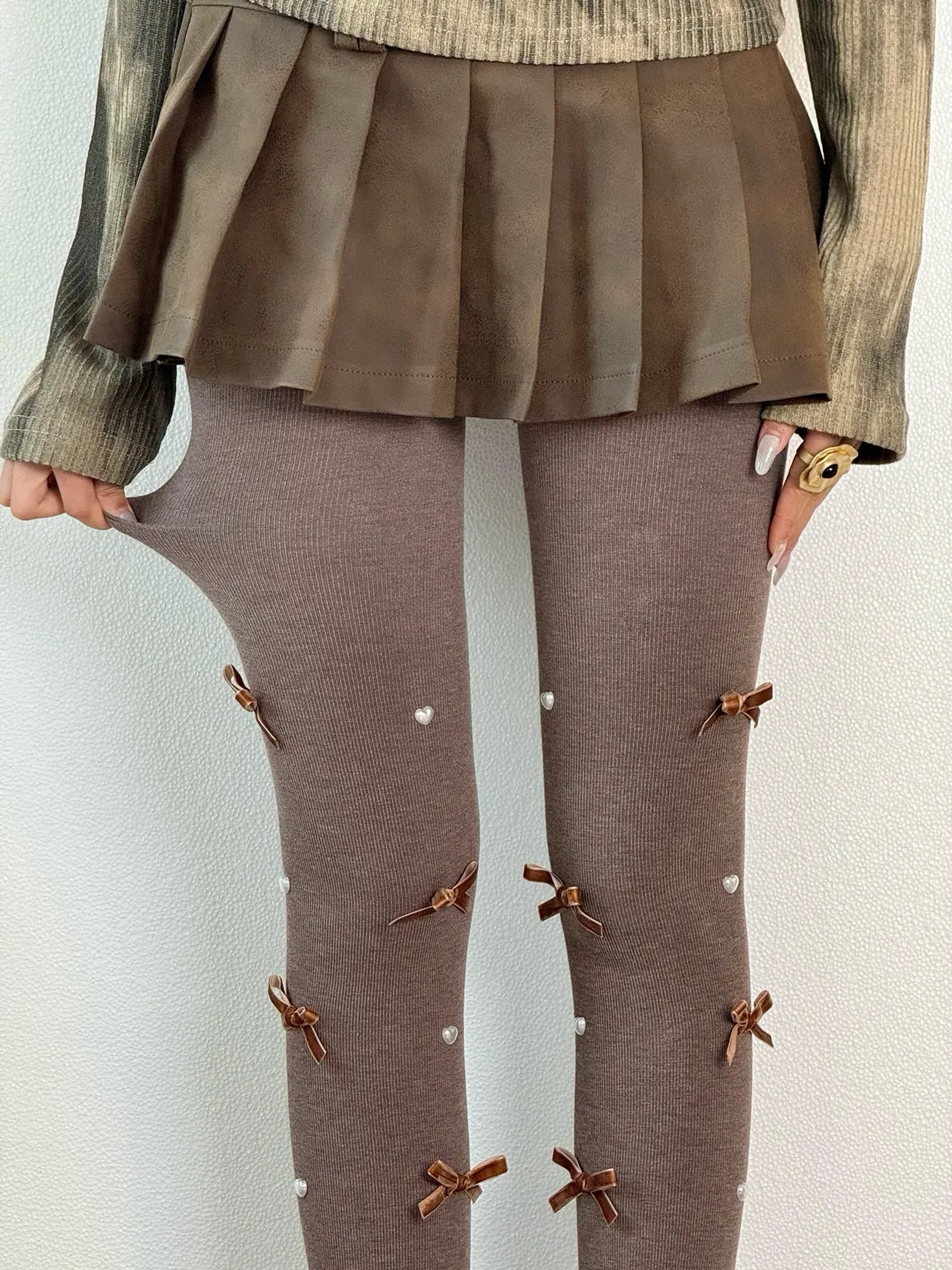 Cute Pearl Bow Fleece Tights