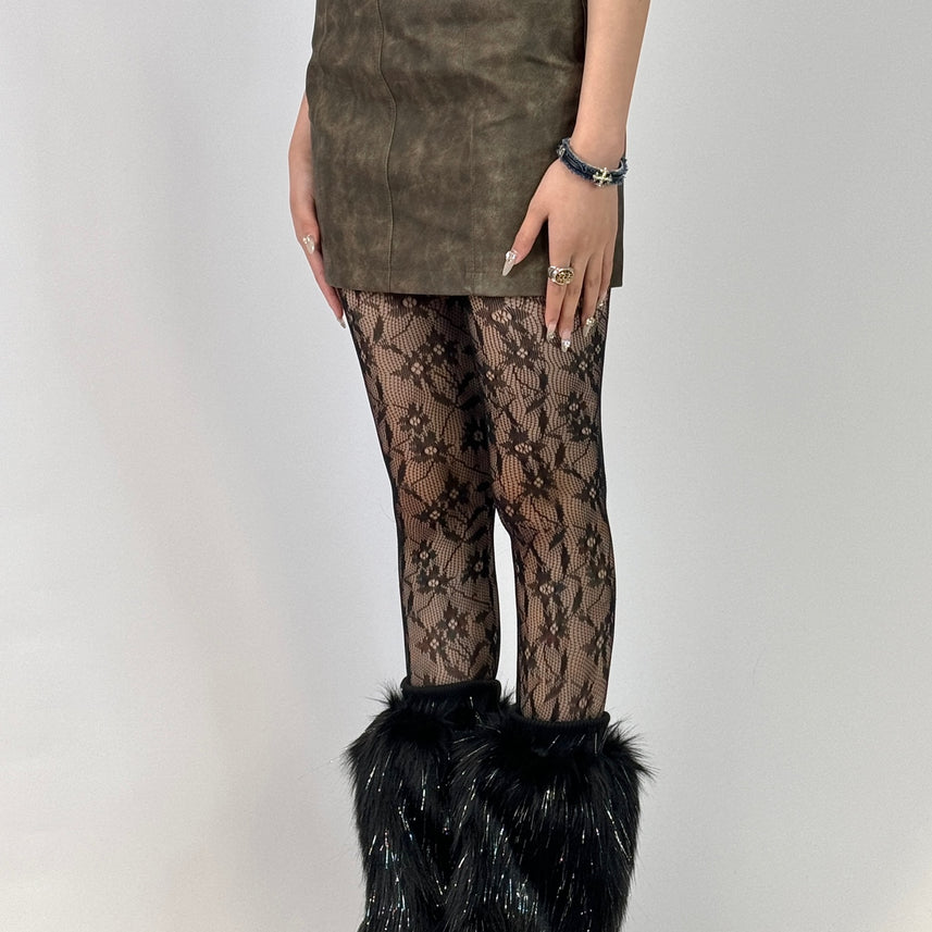 Black Glitter Faux Mink Y2K Leg Warmers