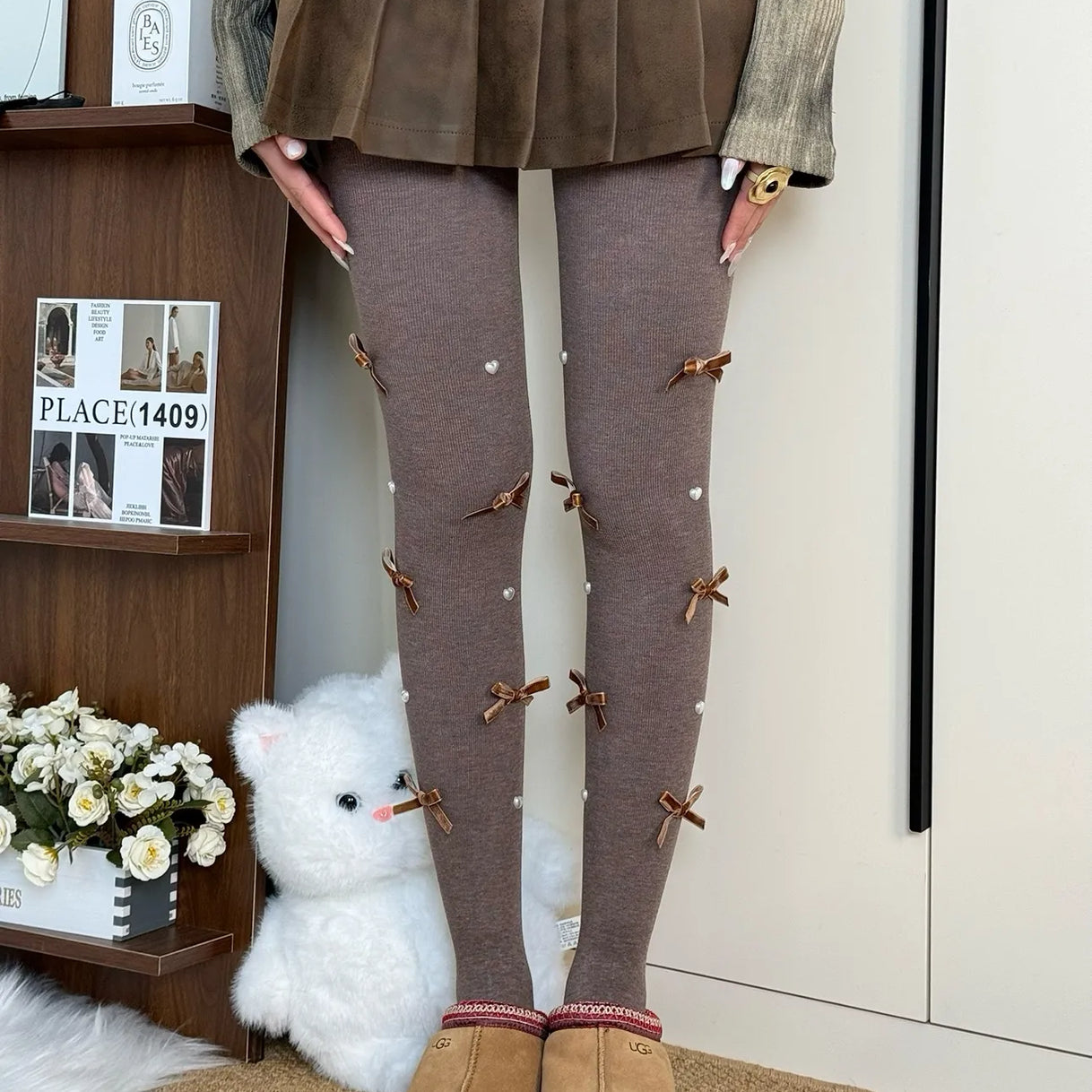 Cute Pearl Bow Fleece Tights