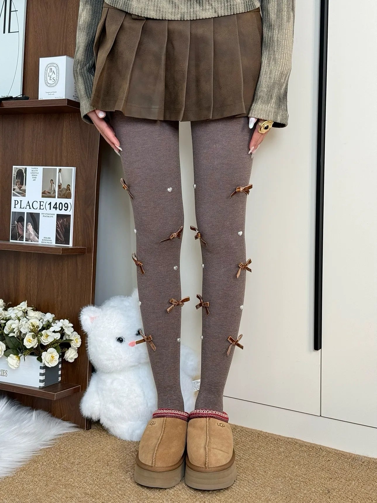 Cute Pearl Bow Fleece Tights