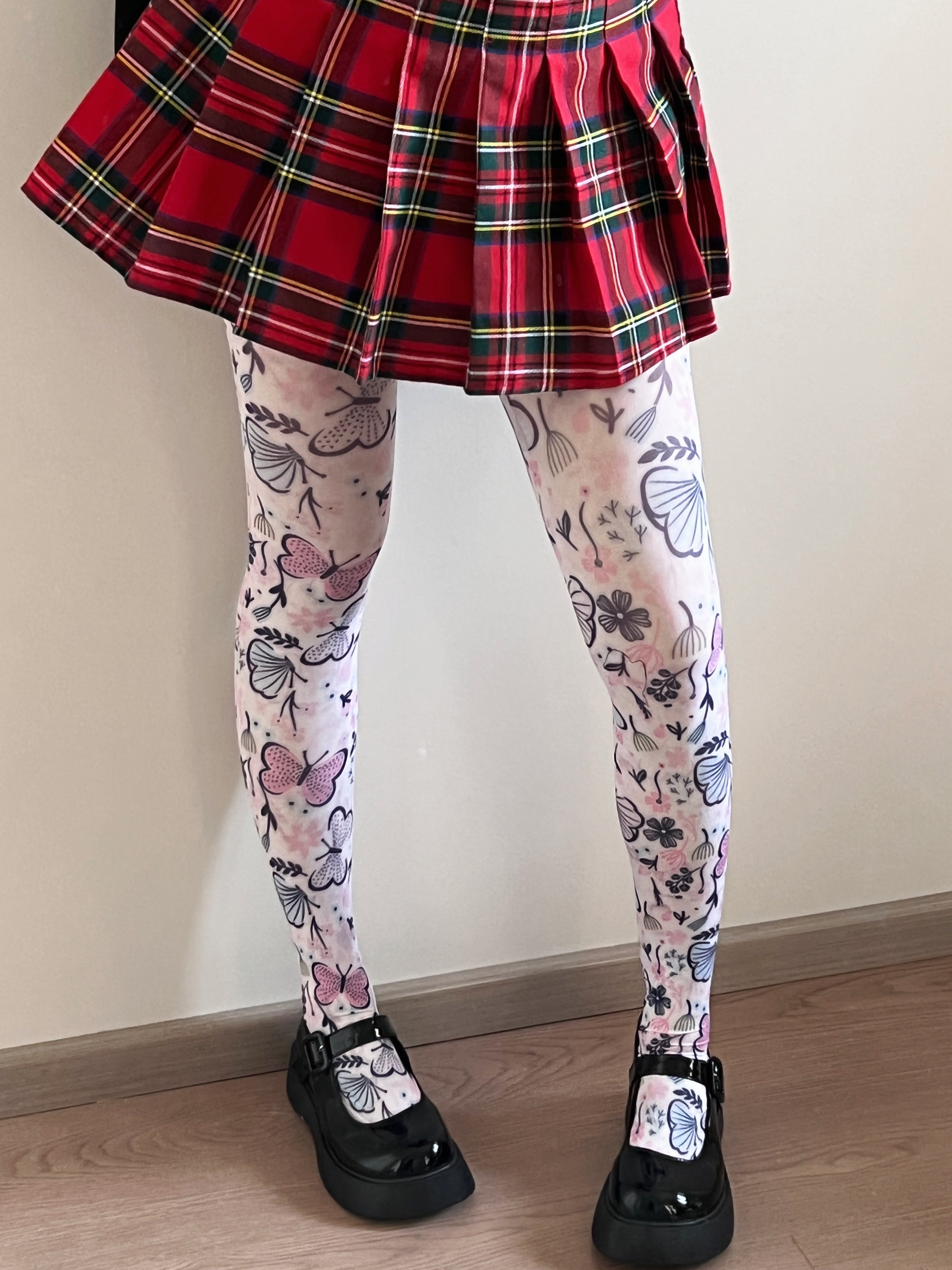 Butterfly Garden Print White Tights