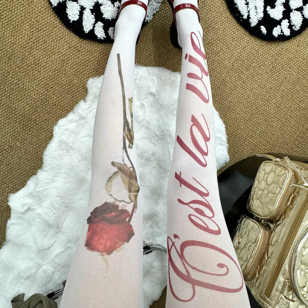 Red Rose Print Tights
