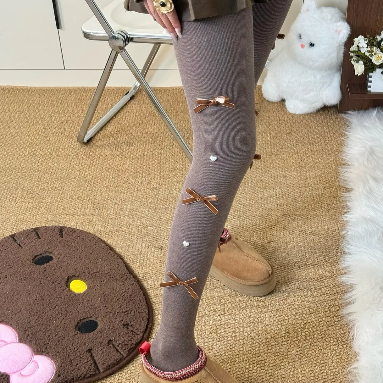 Cute Pearl Bow Fleece Tights