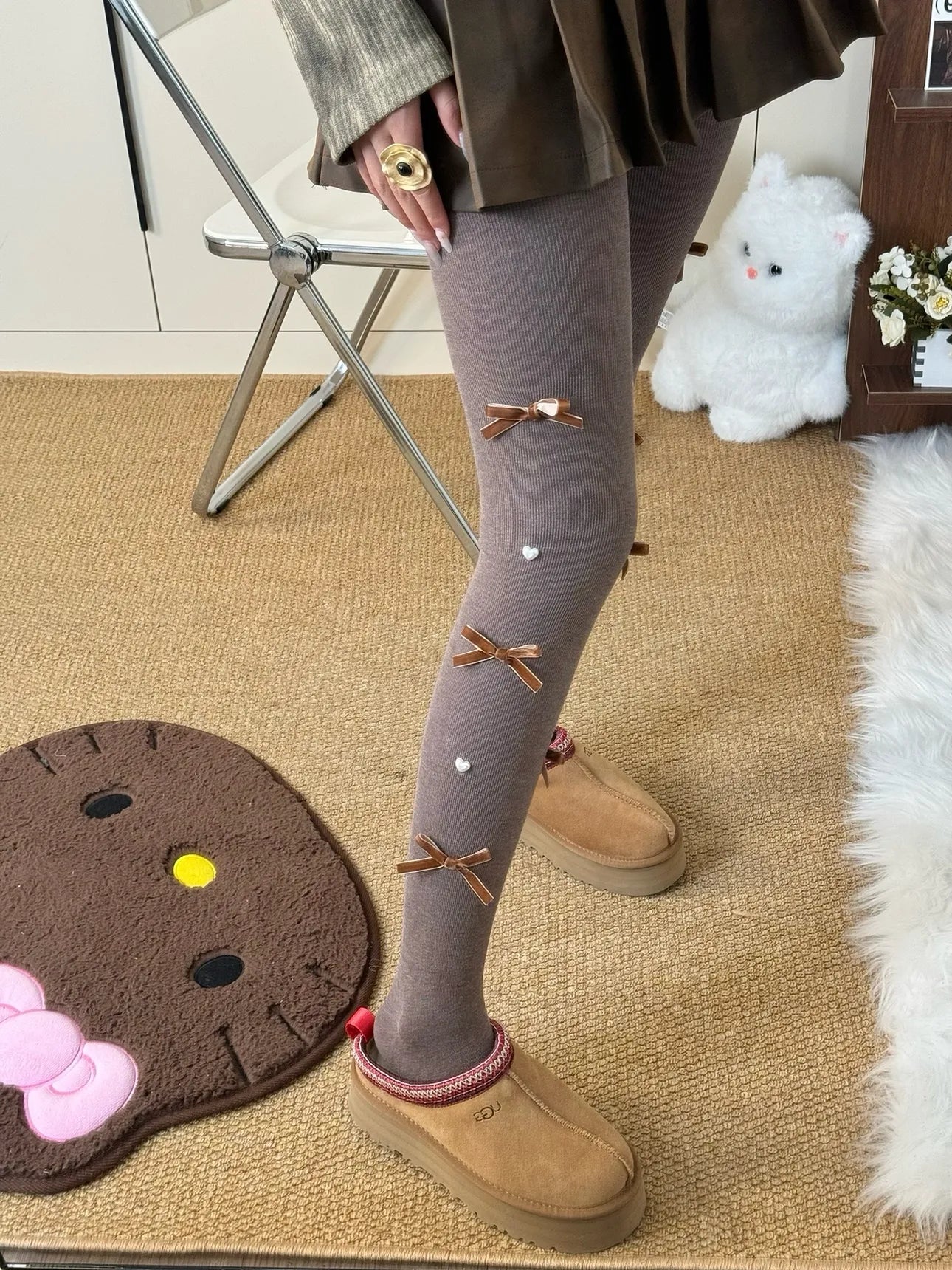 Cute Pearl Bow Fleece Tights