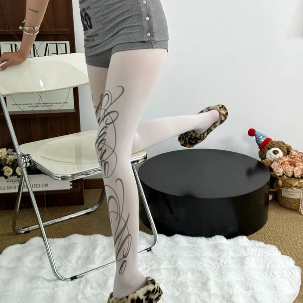 Retro White English Print Tights