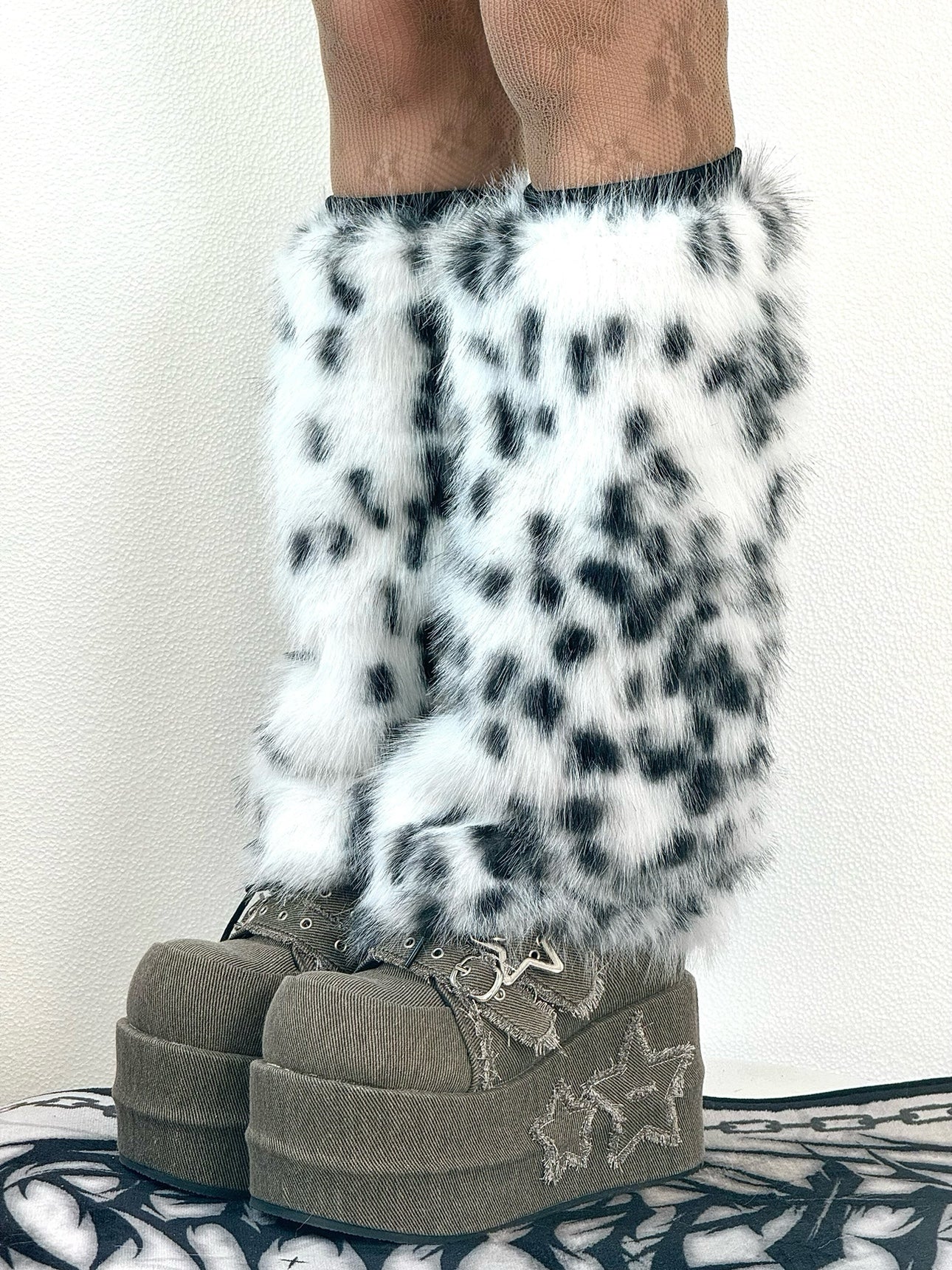 Fuzzy White Leopard Leg Warmers
