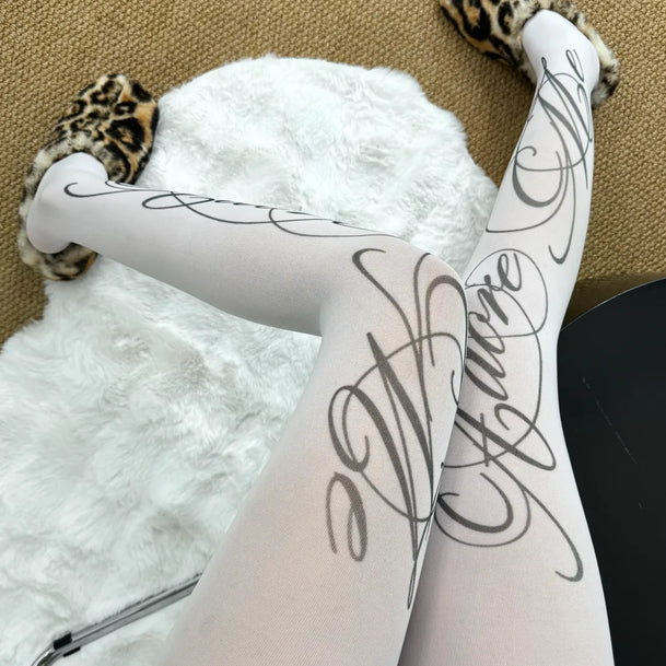 Retro White English Print Tights