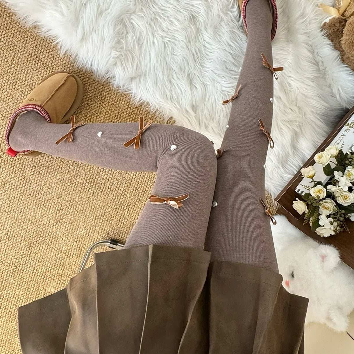 Cute Pearl Bow Fleece Tights