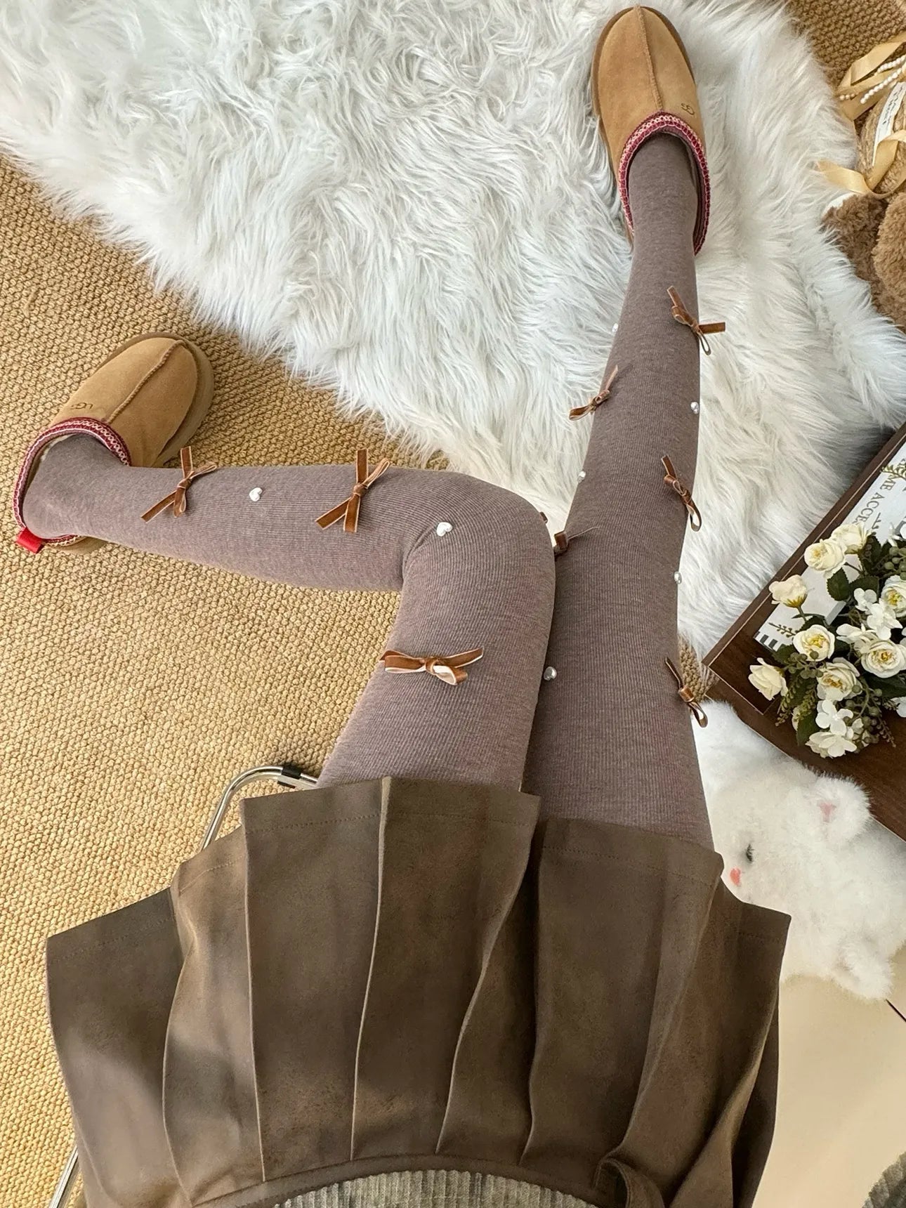 Cute Pearl Bow Fleece Tights