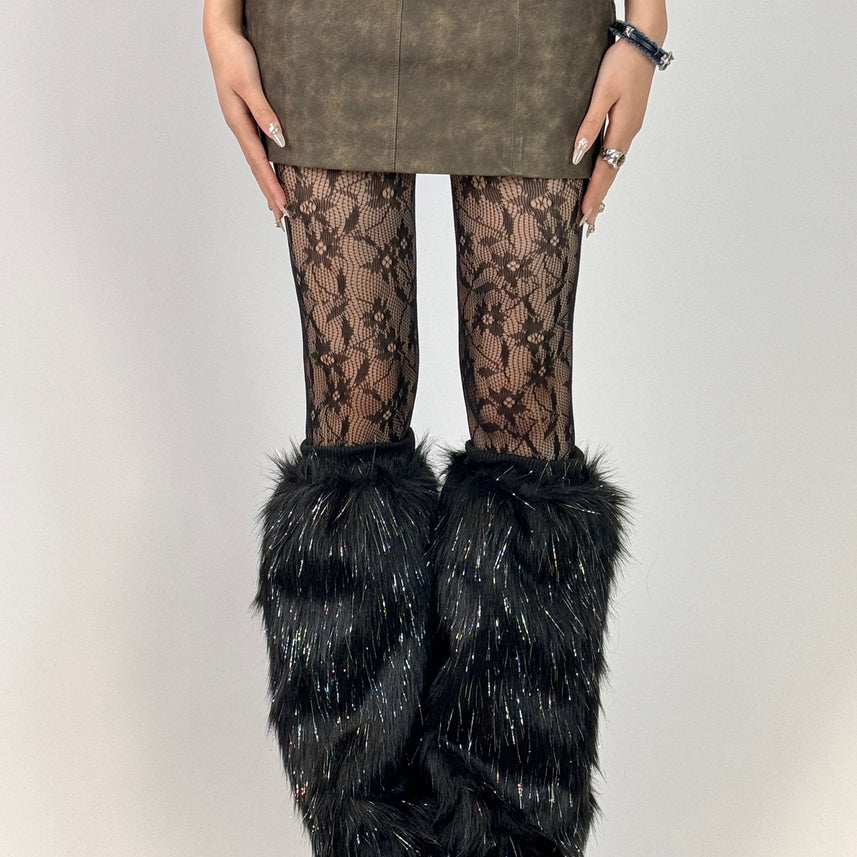 Black Glitter Faux Mink Y2K Leg Warmers