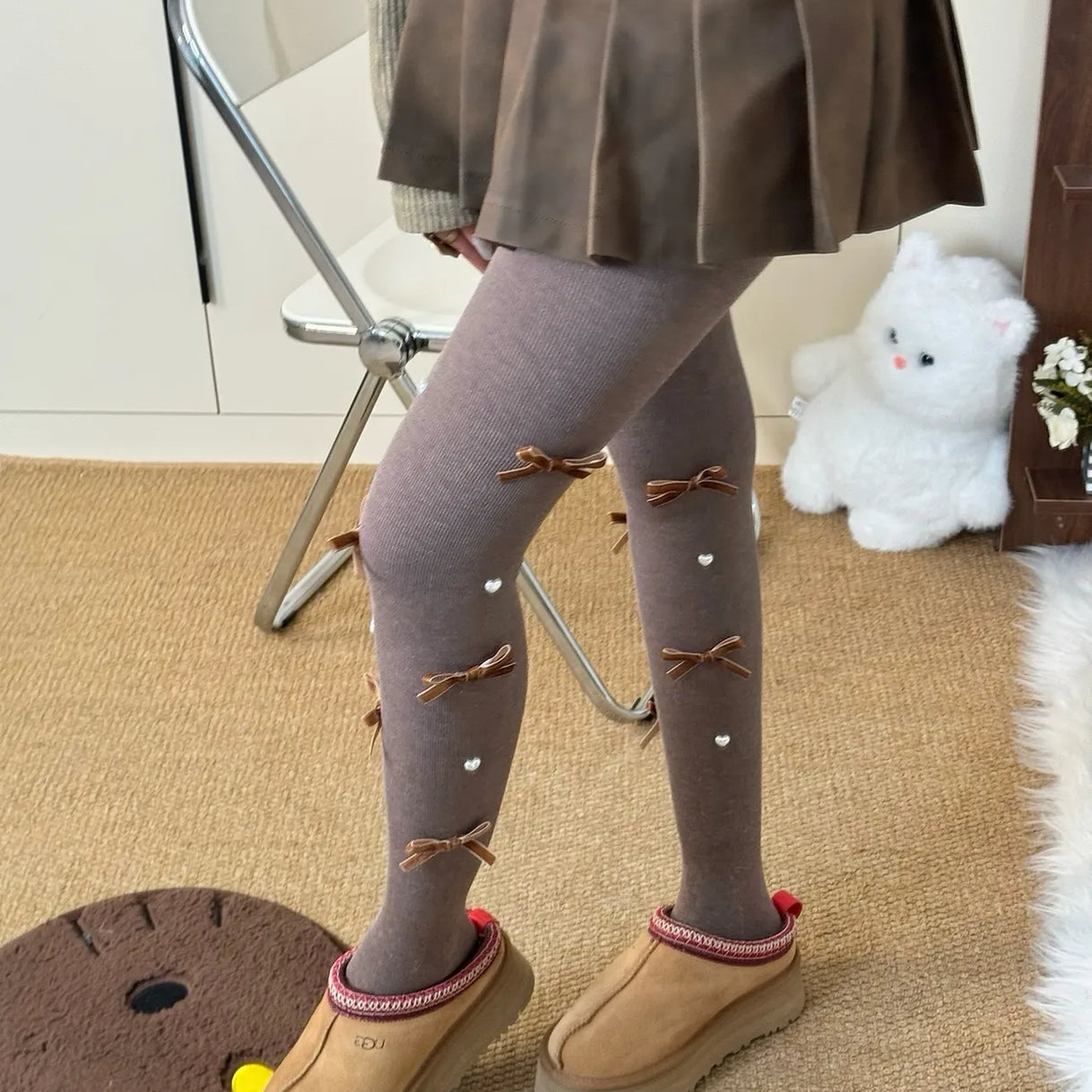 Cute Pearl Bow Fleece Tights