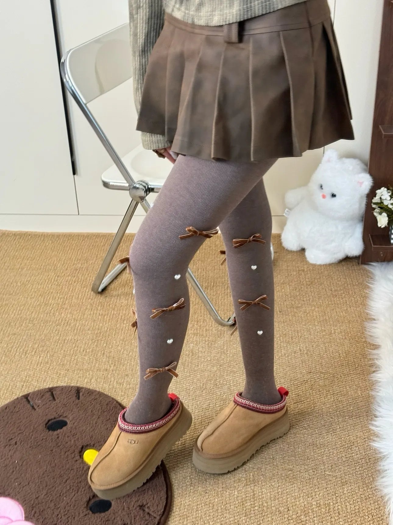 Cute Pearl Bow Fleece Tights