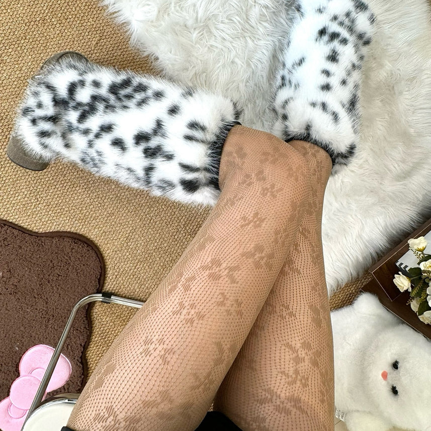 Fuzzy White Leopard Leg Warmers