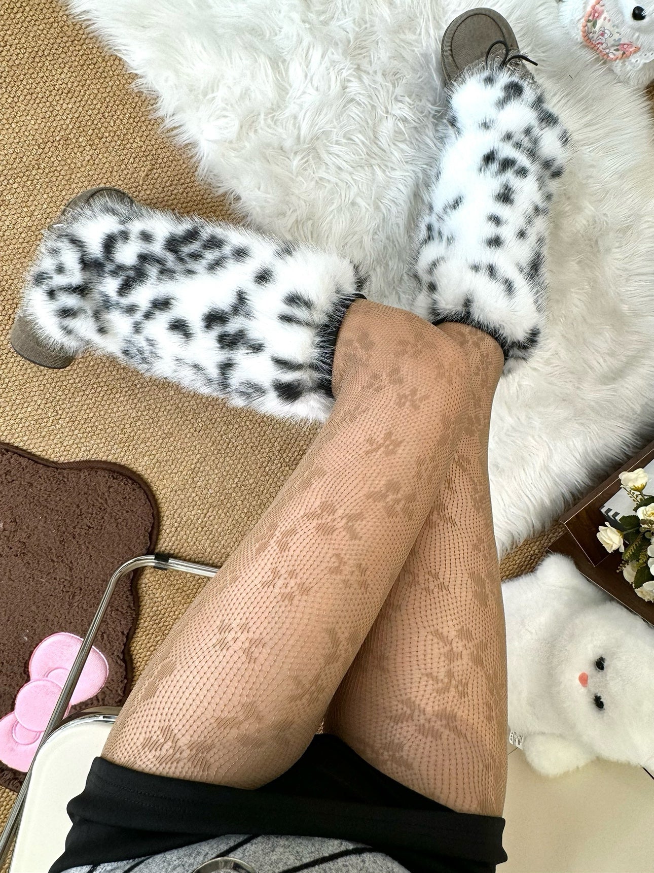 Fuzzy White Leopard Leg Warmers