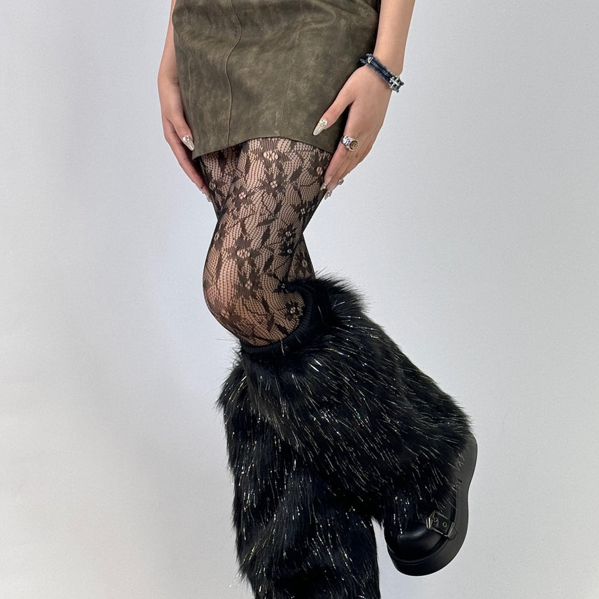 Black Glitter Faux Mink Y2K Leg Warmers
