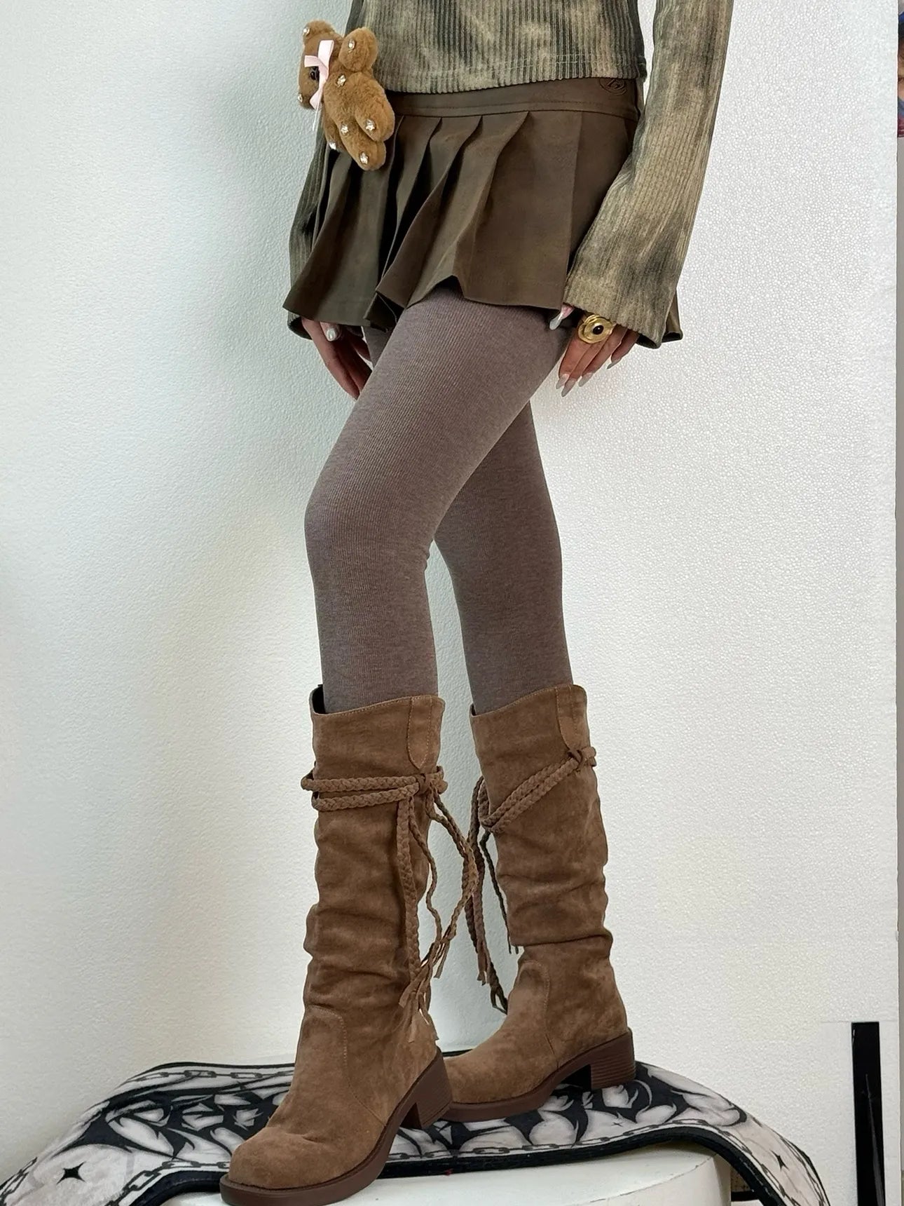 Cute Pearl Bow Fleece Tights