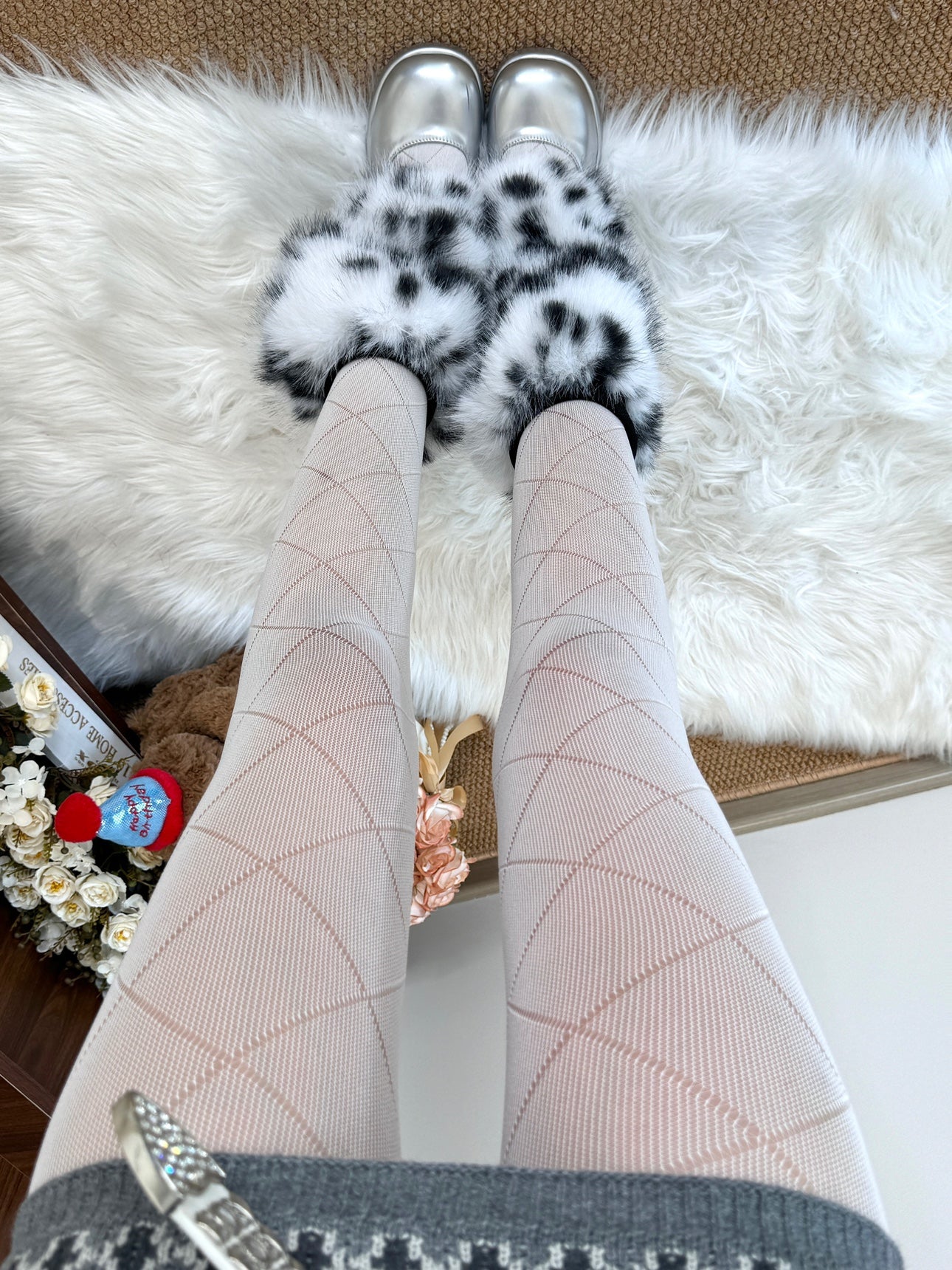 Fuzzy White Leopard Leg Warmers