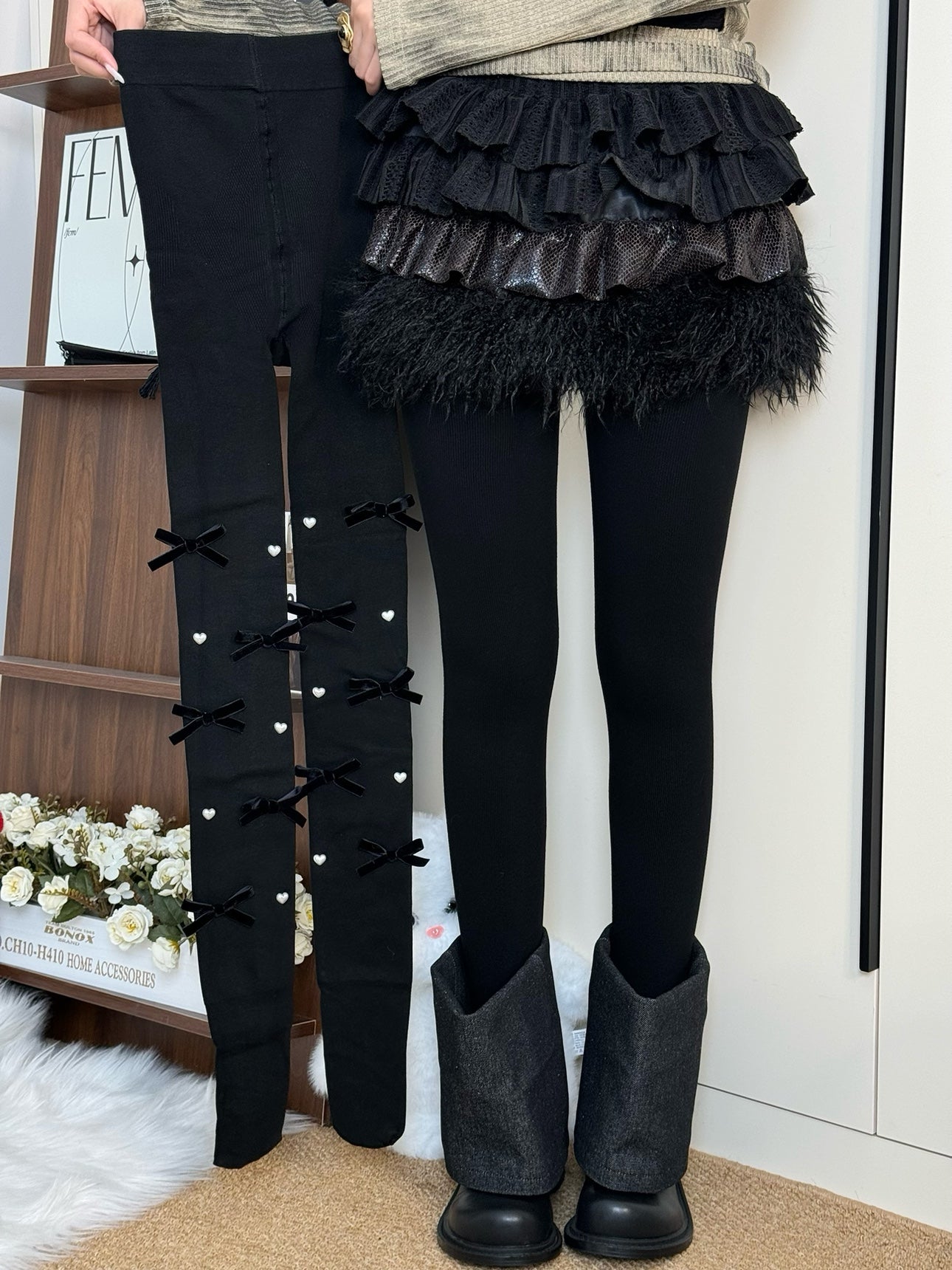 Bow Pearl Fleece Lolita Tights