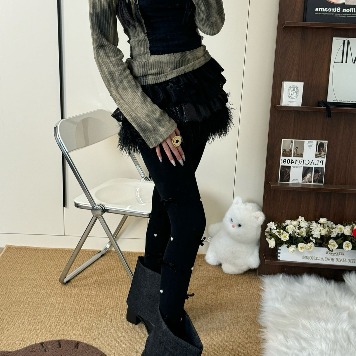 Bow Pearl Fleece Lolita Tights