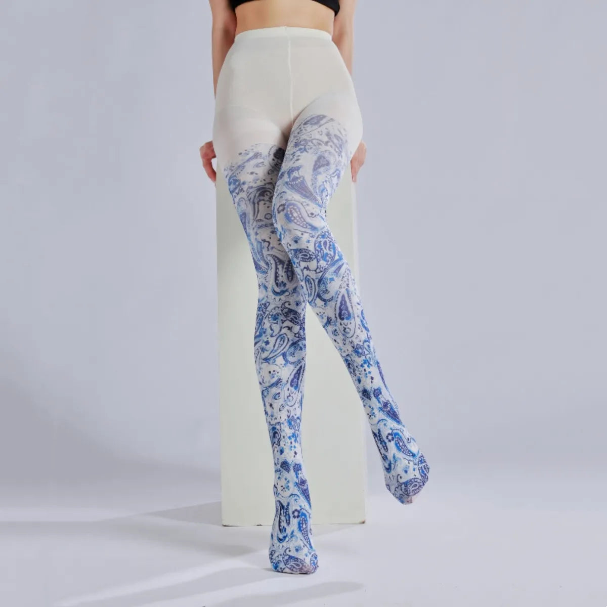 Blue Paisley Print Tights
