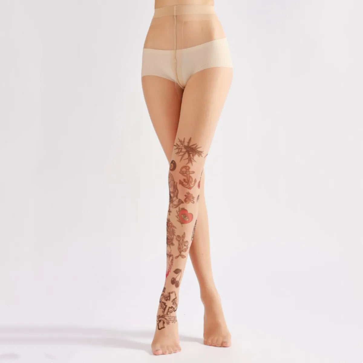 Tattoo Print Sheer Nude Tights