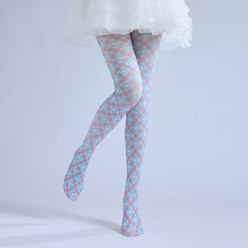 Retro Plaid Heart Patchwork Tights